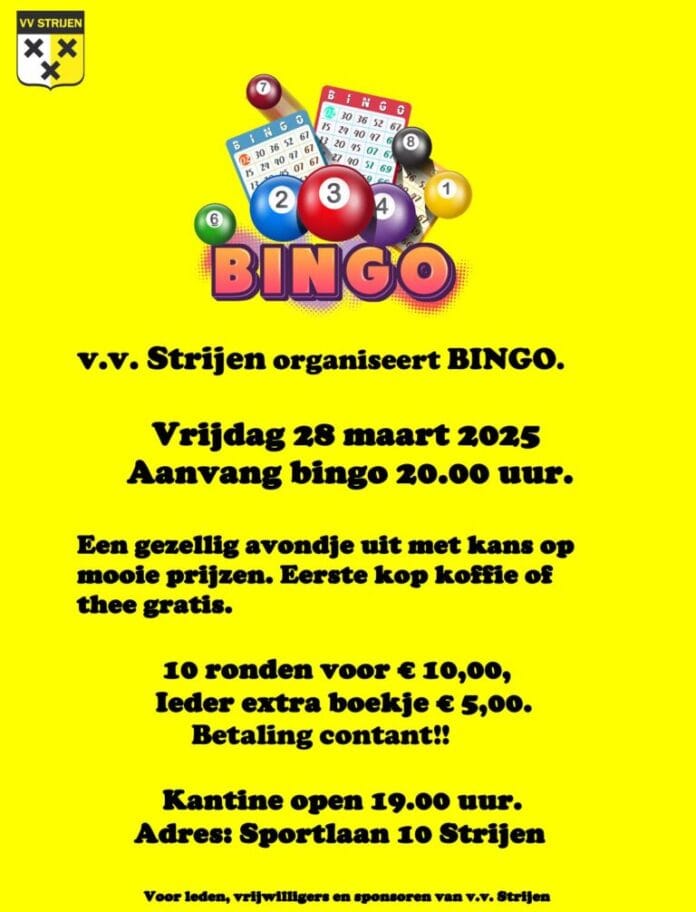 Bingo bij de v.v. Strijen op vrijdag 28 maart