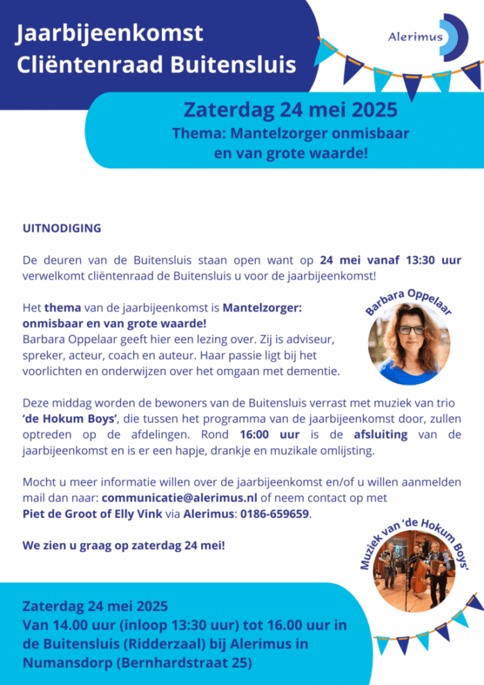 Komt u zaterdag 24 mei ook naar de muzikale jaarbijeenkomst van cliëntenraad de Buitensluis mét interessante lezing over mantelzorg?!