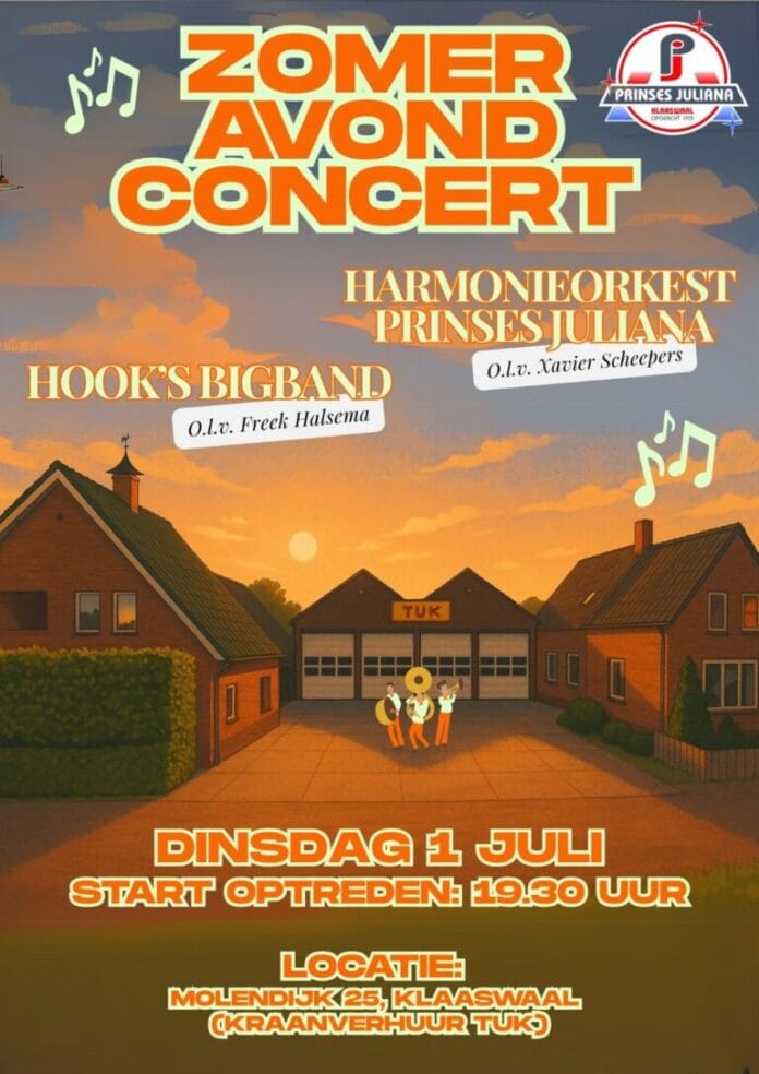 Zomeravondconcert Prinses Juliana op 1 juli in Klaaswaal